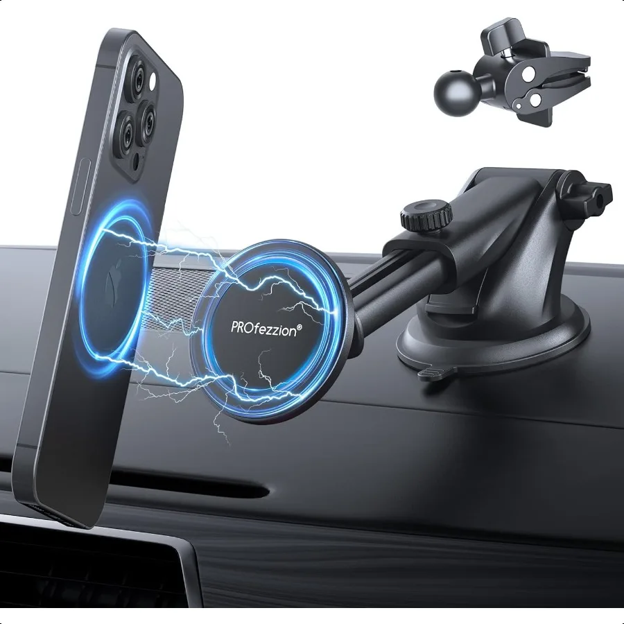 

PROfezzion Suction Cup Vent Clip Combo Magnetic Phone Holder Compatible with MagSafe on Car Dash Windshield or Vent for iPhone