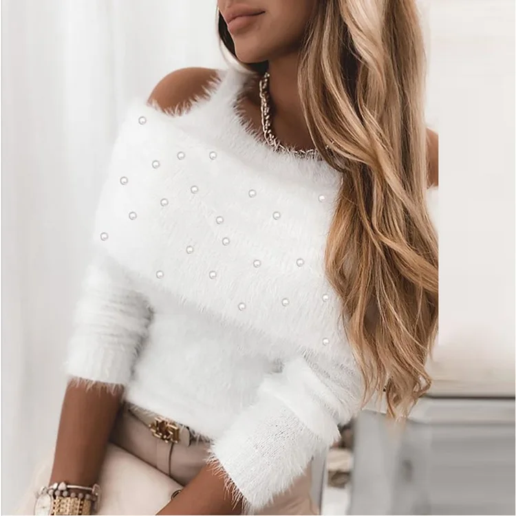 Dames Trui Voor Lente En Winter, Pluche, Niet-Pilling, Kralen Met Studs, Off-The-Shoulder Jarretel