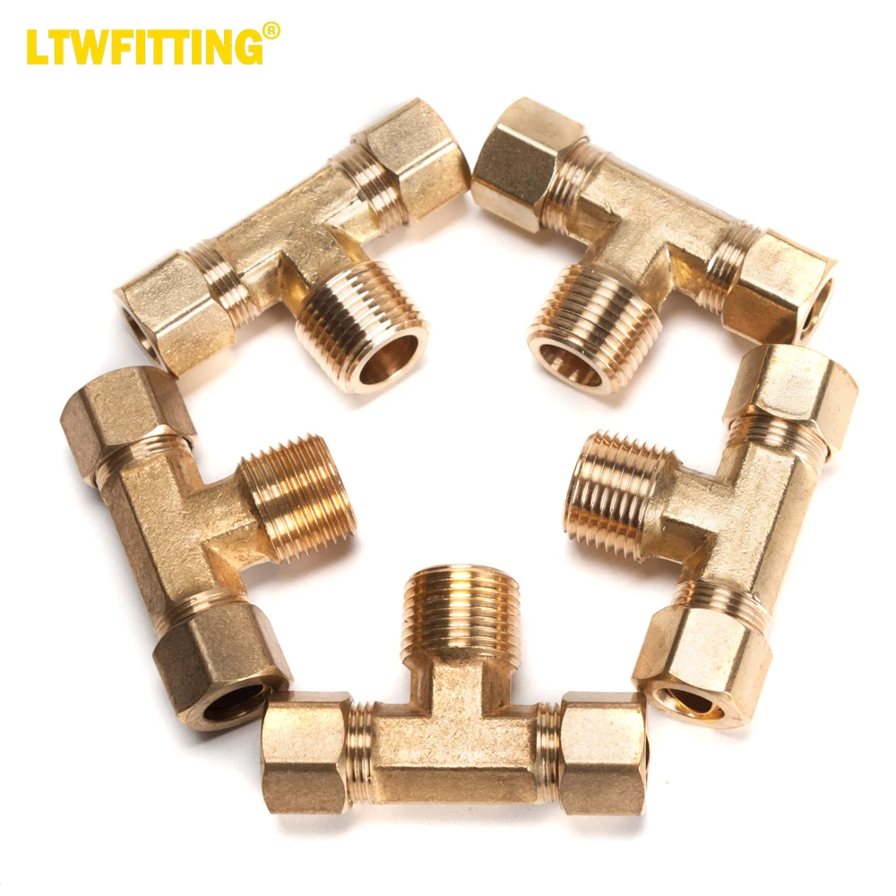 LTWFITTING Brass 3/8-Inch OD x 3/8-Inch OD x 3/8-Inch Male NPT Compression Branch Tee Fitting(Pack of 5)