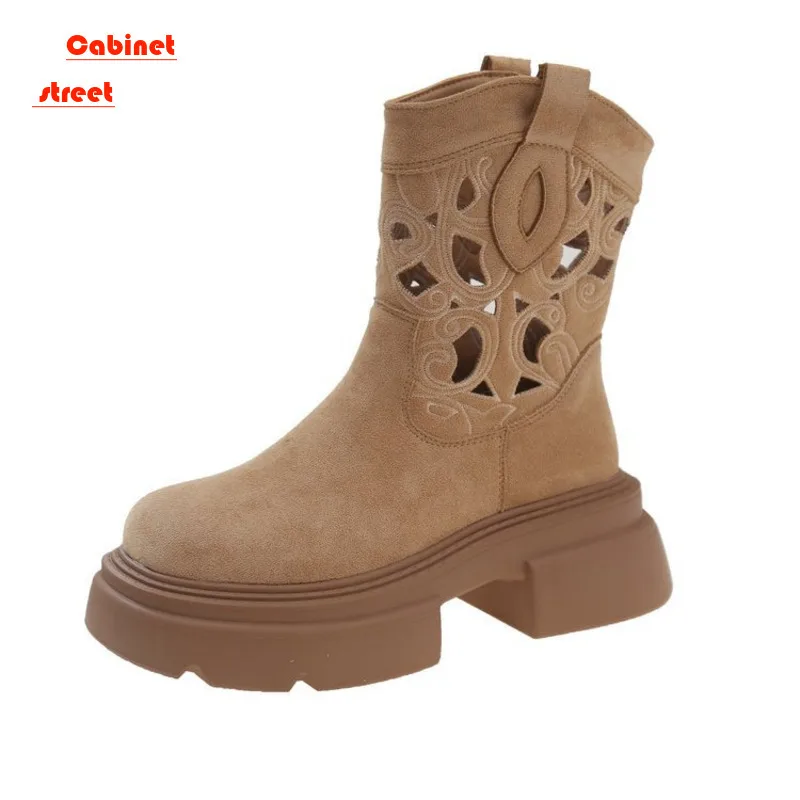 

Cutout Platform Snow Women Autumn Mid-calf Boots 2024 Summer New Retro Western Cowboy Ladies Ankle Small Heel Cool Female Shoes