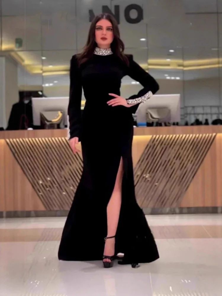 Elegantes, luxuriöses Pailletten-Abendkleid für Damen, Rundhalsausschnitt, hohe Taille, geteilt, lange Ärmel, schmales Abendessen, Abschlussball, Partykleid, Maxikleider