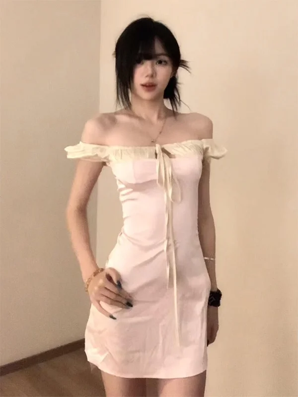 Vestido Corto Sexy Estilo Francés para Mujer, Verano, Escote Bajo, Lazo en la Cintura, Falda Ajustada, Bloques de Color, Cuel...