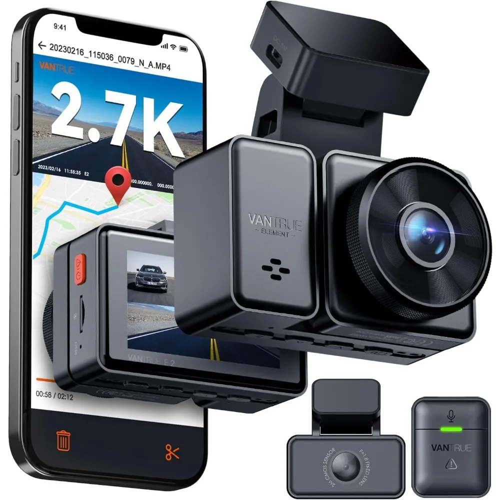 E2 Dash Cam Front and Rear with Voice Control, 2.7K + 2.7K Dual Dash Camera for Cars, WiFi, GPS, Night Vision 2.0