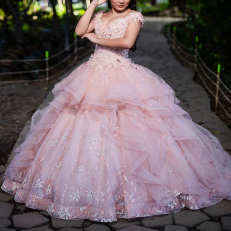 

Pink Shiny Ball Gown Quinceanera Dresses 2026 Sequin Applique Lace Beading Crystal Tull Off Shoulder Sweet 16 Dress Years Vestid