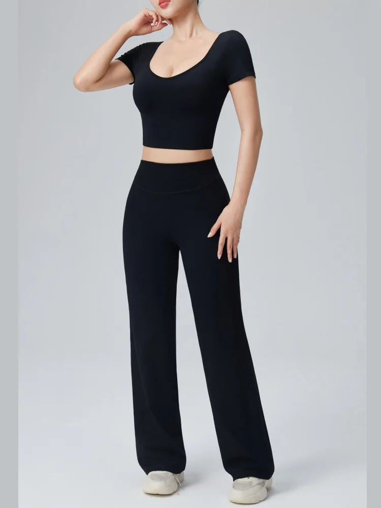 2-teiliges Set Damen Gym Sport Yoga Anzug, einfarbig, rückenfreie Yoga-Unterwäsche mit Brustpolster, hochtaillierte Push-Up-Hose mit weitem Bein – Detail 5