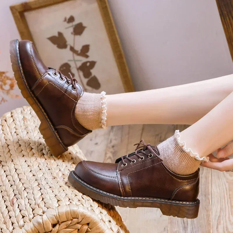 New Women Oxfords Women\'s Shoes Ladies Leather Female Round Toe Sewing Retro Comfortable Footwear Lolita Shoe Brown Plus Size 40