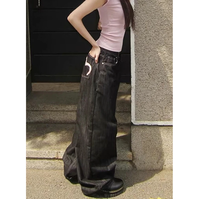 American Pocket Love Denim Jeans Women Streetwear Hip Hop High Waist Loose Wide Leg Jeans Autumn High Street Retro Straight Pant