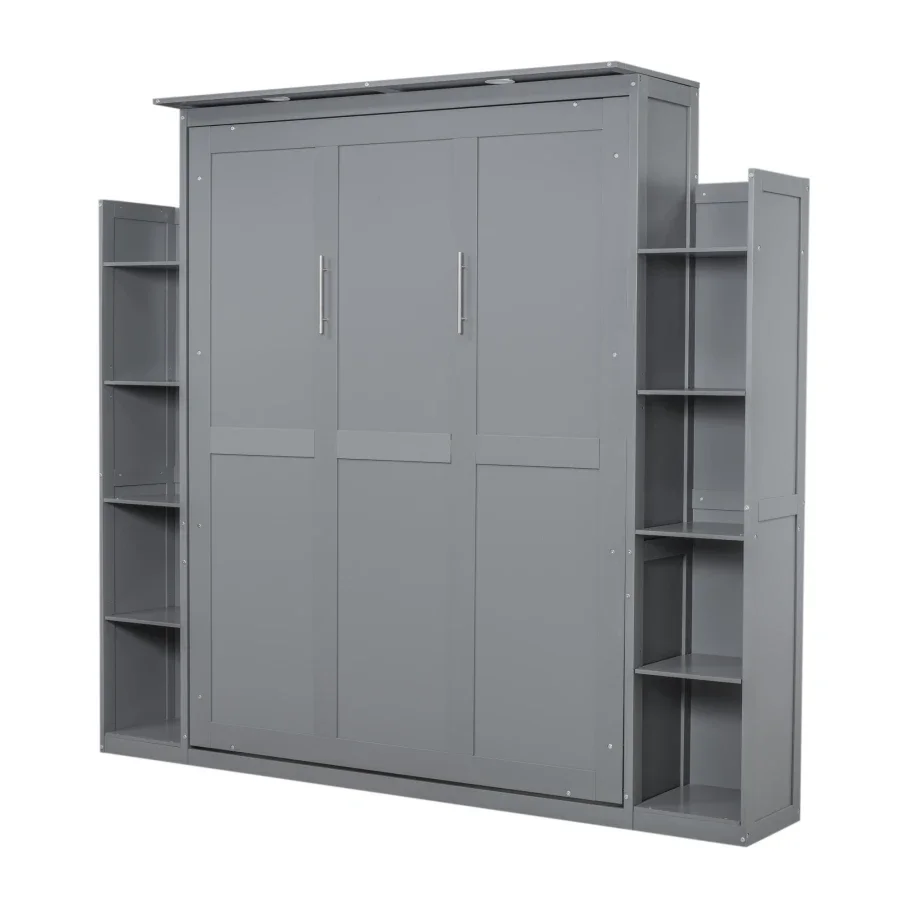 Superior Quality Queen Size Murphy Bed Wall Bed with Shelves and LED Lights,Multi-function bed Superior Quality，Gray