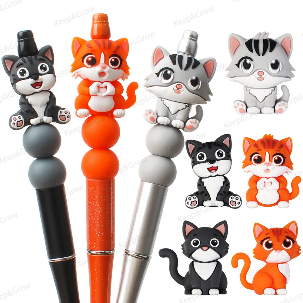 5/20/50Pcs Kitten theme 3D Silicone Beads Cute Orange Grey Cat Focal Beads for Jewelry Making Pen Beaded DIY keychain Accessorie