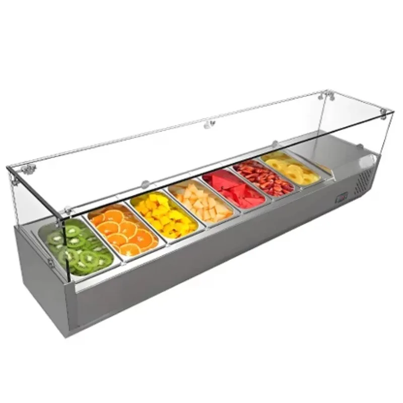 Commercial stainless steel glass single temperature desktop refrigerated display stand salad pizza display stand refrigerated
