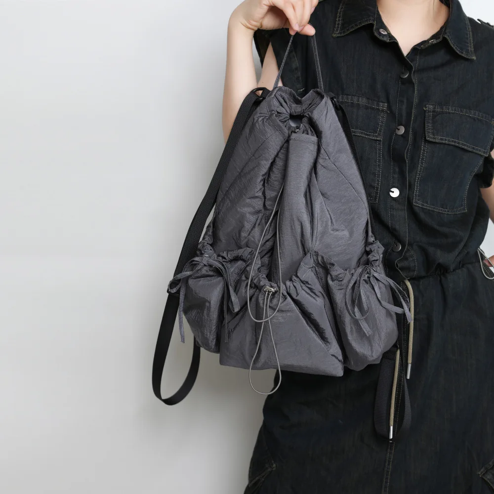 

Korean Drawstring Backpack 2025 Pleated Nylon College Schoolbag Casual Daypack Purse