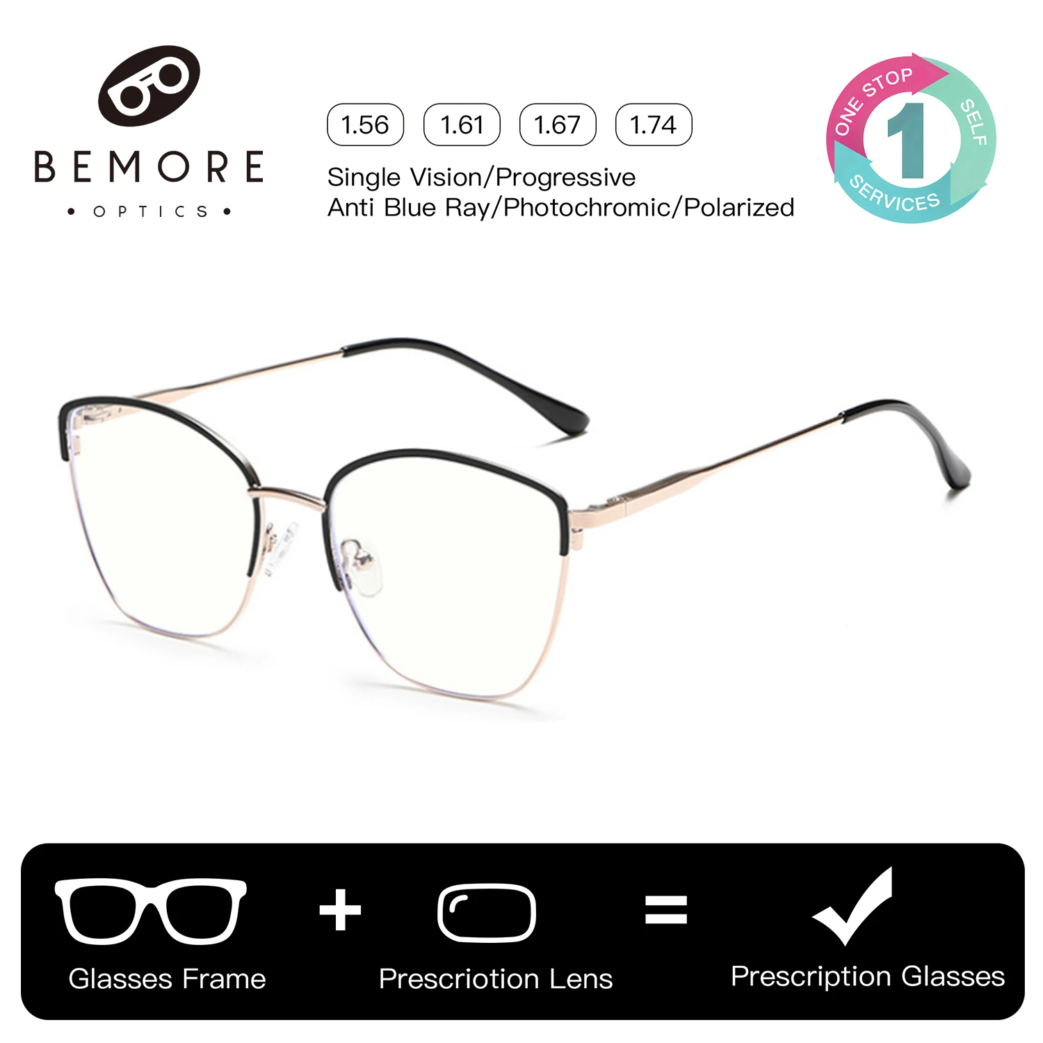 

BEMORE Cat Eye Stainless steel Clip on Prescription Glasses Women Polarized UV400 Magnetic Optical Multifocal Eyewear