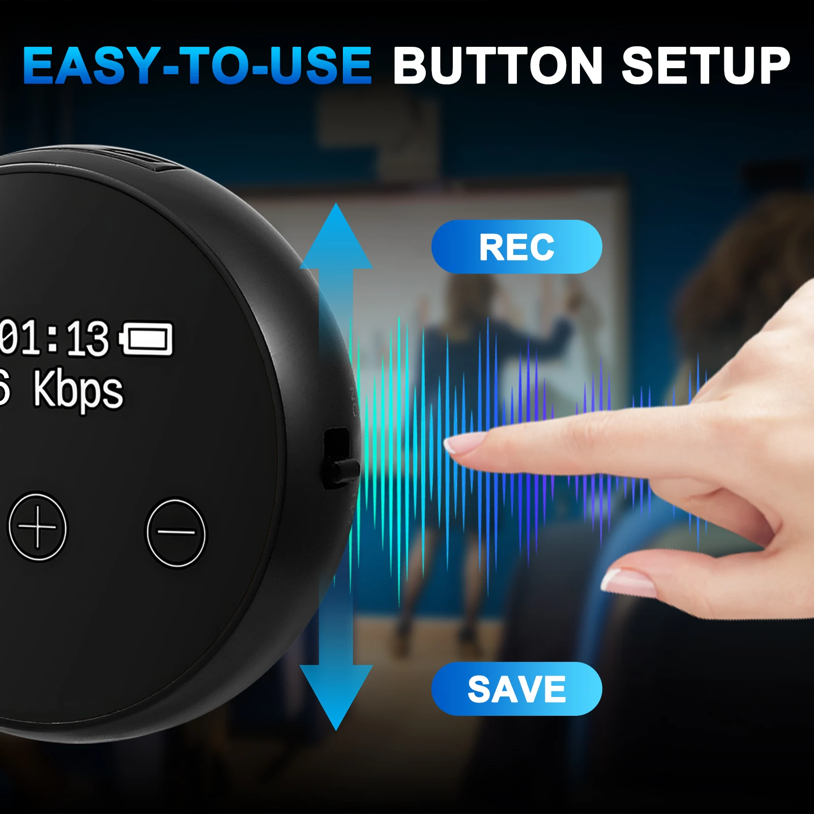 جهاز استماع مسجل الصوت الصغير 3072 Kbps مع مسجل صوتي ثلاثي للحد من الضوضاء 64G USB قابل لإعادة الشحن