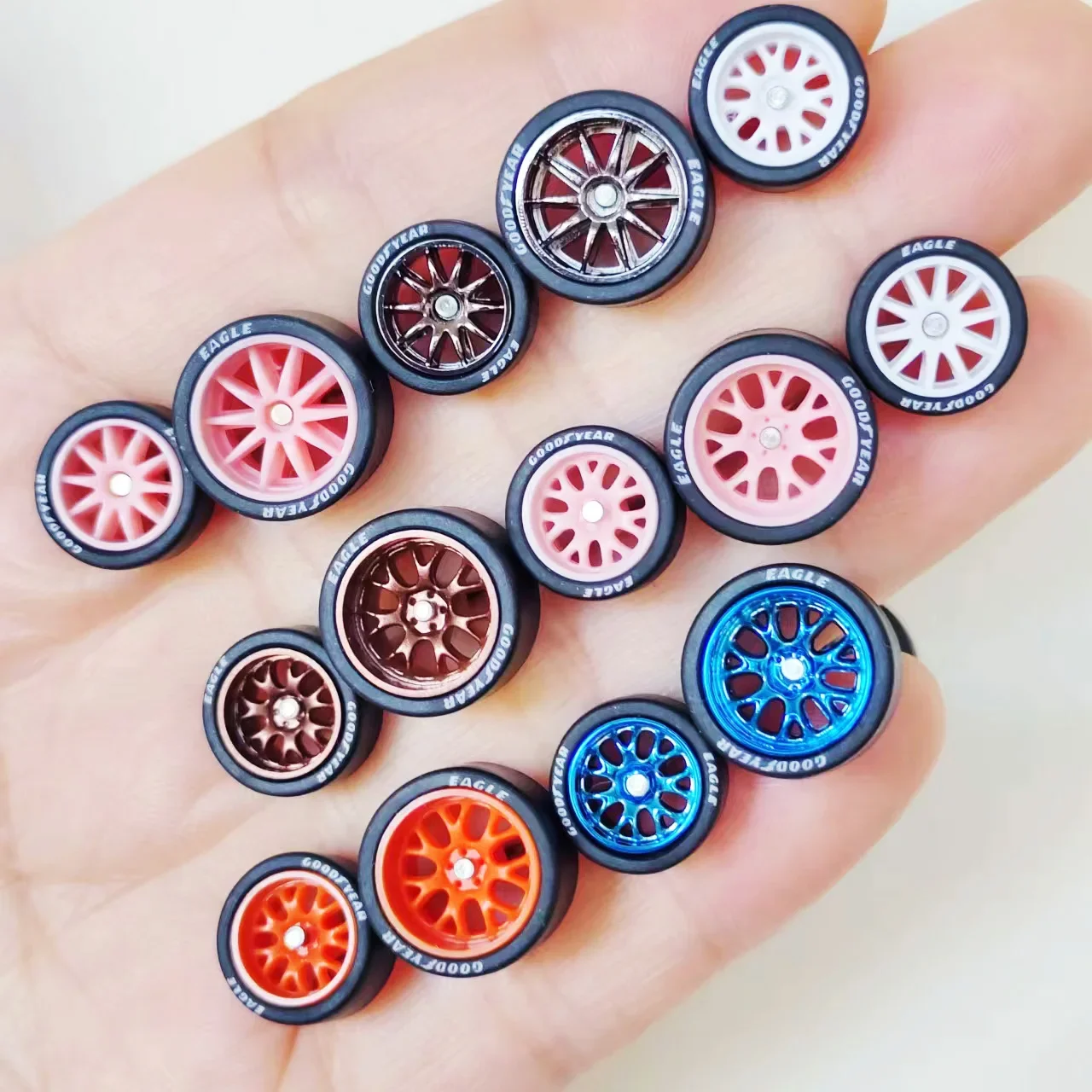 10Sets 10.7mm+12.7mm 1/64 Alloy Car Staggered Wheels BBS LMR CE28 Rim Front Small Rear Large Tires for Hot Wheel 1:64 Model Cars