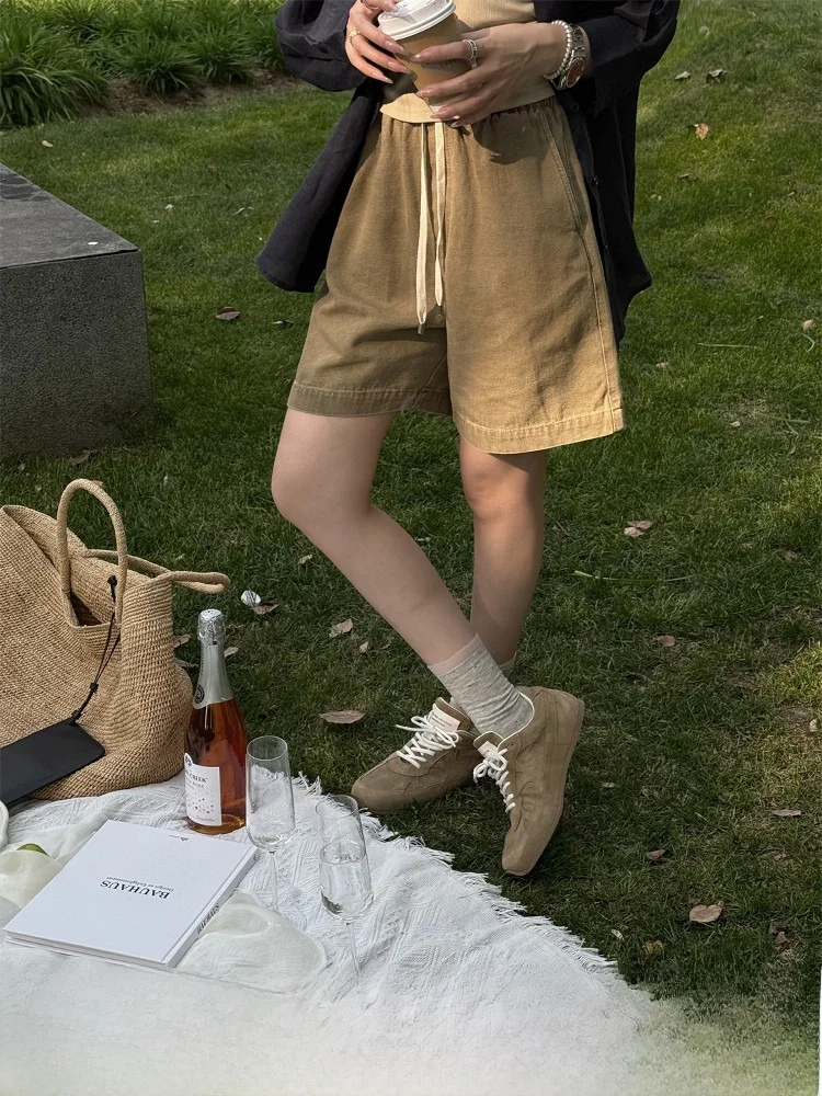 

High-End Fabric Heavy-Duty Sand Wash Han Ma Jeans Elastic Waist Drawstring Five-Color Straight Leg Short Jeans for Women