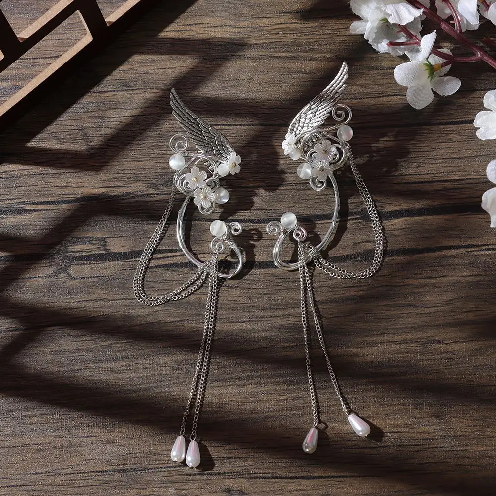 1 Paar Charm-Feen-Ohrenmanschetten mit langen Quasten, Elfenflügeln und Harzblumen, ohne Piercing, Elfen-Clip-Ohrringe für Damen, Cosplay, Cospla – Detail 5