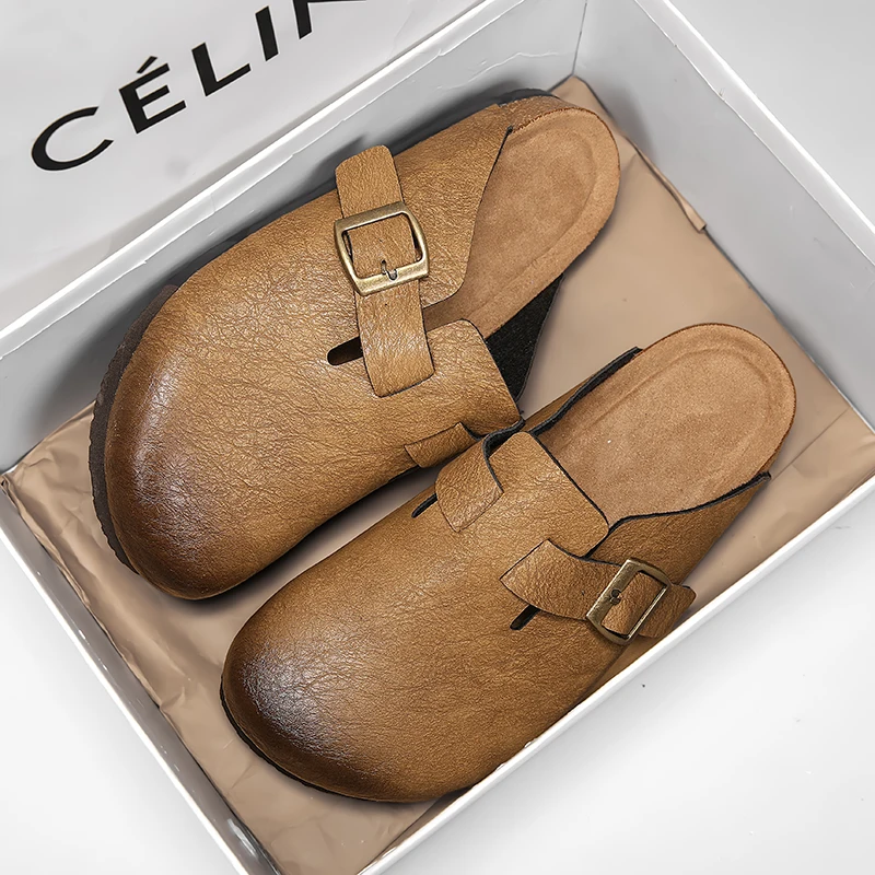 Unisex Cork Closed Toe Slippers Slip-on Clogs Slides Fashion Leather Sandals with Adjustable Buckle Backless Comfort Footbed