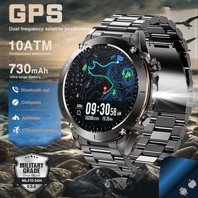 

2025 New GPS Military Smart Watch 10ATM Waterproof 730mAh Battery Compass HD Call Outdoor Fitness Sports AMOLED Smartwatch Men