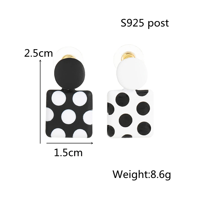 Korean Trendy Geometric Square Black White Polka Dot Drop Earrings Unique Design Asymmetric Enamel Ear Jewelry New Year Gift