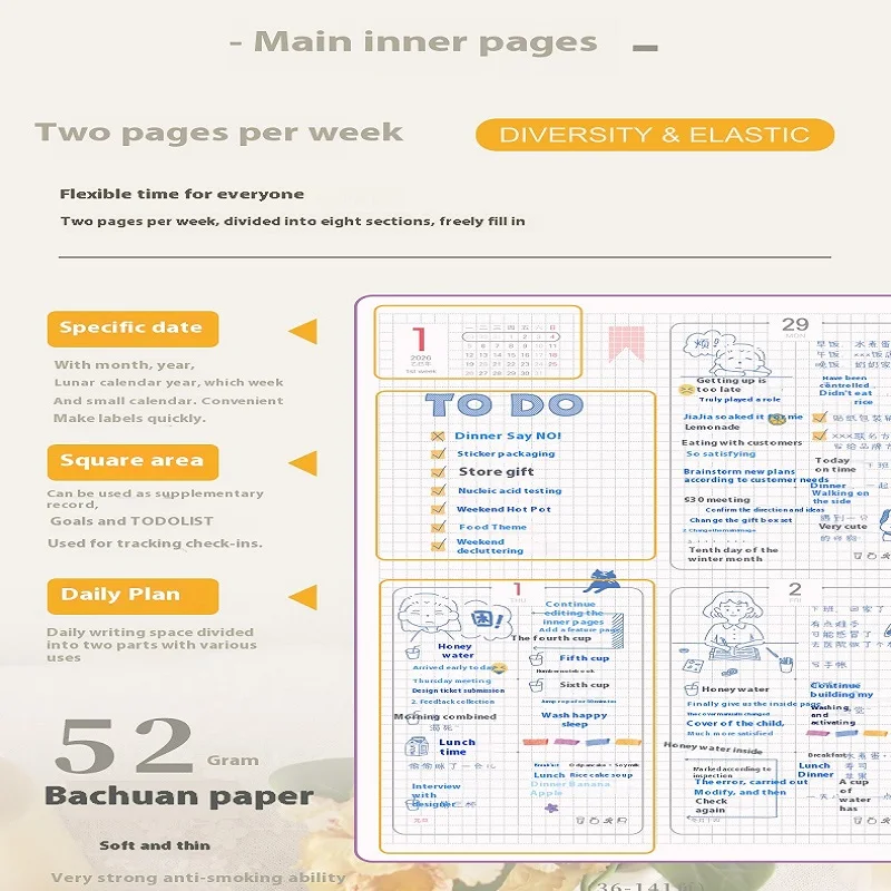 Kinbor 2026 دفتر مخطط إدارة الوقت الجدول الزمني/8-شبكة ترقيم الصفحات A5 PU جدول الأعمال مذكرات خطة أسبوعية شهرية