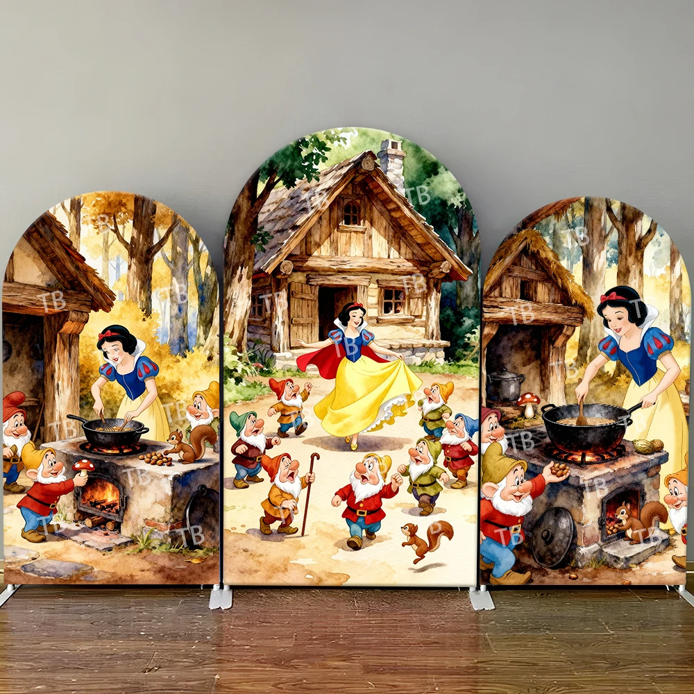 

Snow White & Seven Dwarfs Watercolor Forest Cottage Arch Backdrop Cover Decor Photo Booth Prop for Birthday and Baby Shower