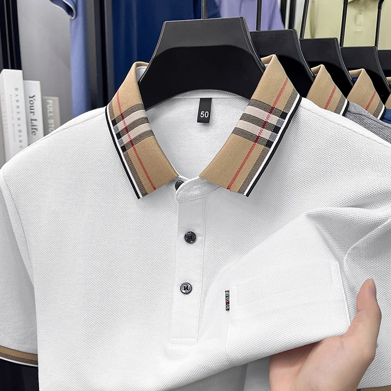 100% Pure Cotton Short Sleeved T-shirt for Men Summer Collar Middle-aged Casual Real Pocket Dad's Polo Shirt
