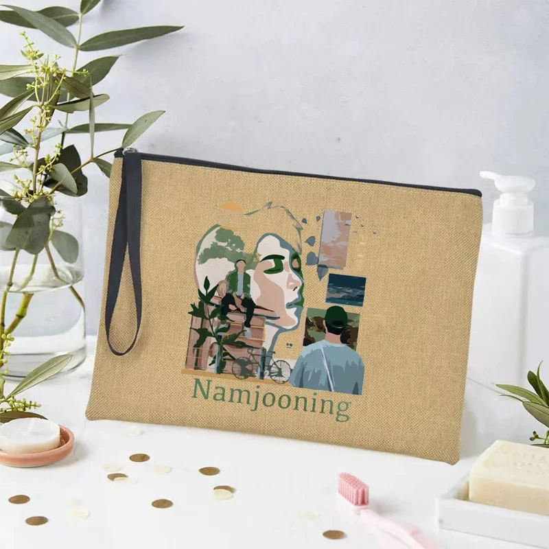 Namjooning Harajuku Female Linen Makeup Case Make Up Pouch Kpop Monogram Bags Organizer Fashion Storage Bag Best Gift for Friend