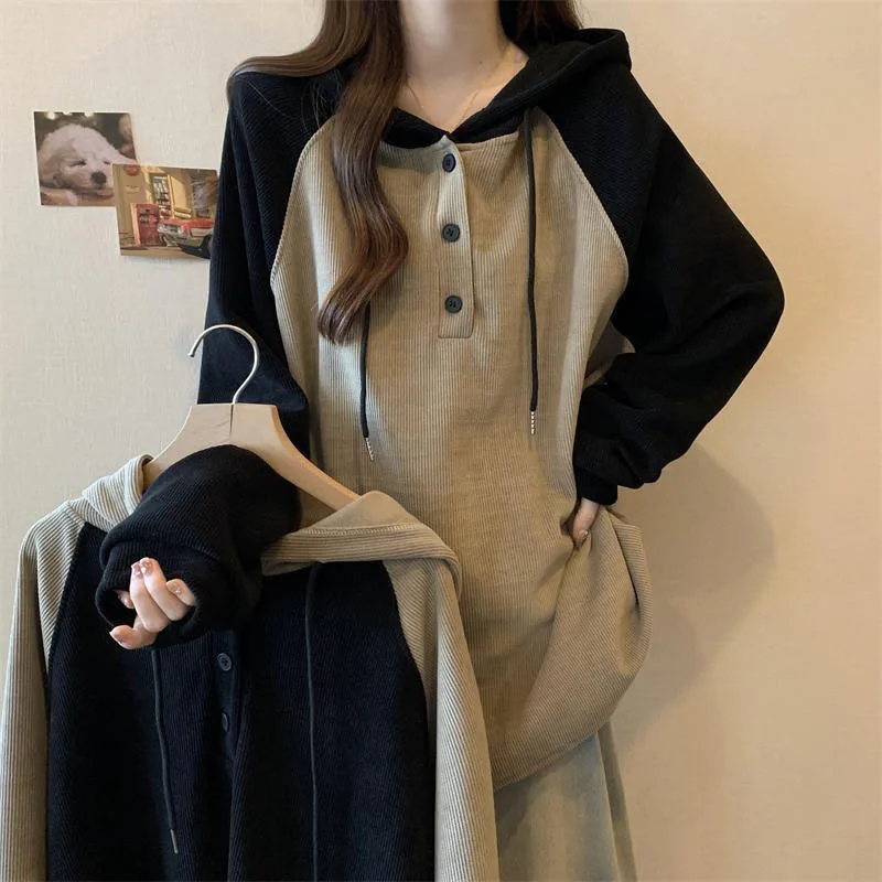 Women Clothing Fashion Casual Long Sleeve Hoodies Spring Autumn Loose Lazy Style Top Tee Office Lady Button Patchwork Pullover