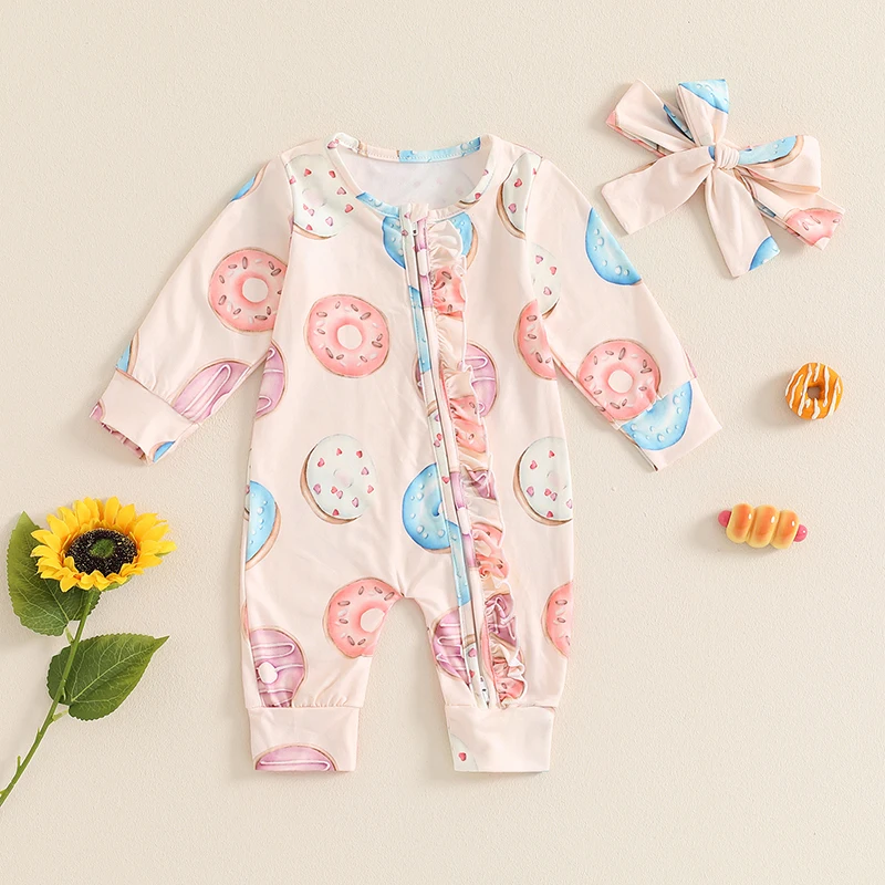 

Baby Girls Autumn Spring Casual Ruffles Jumpsuit Long Sleeve Crew Neck Donut Print Oblique Zipper Romper with Headband