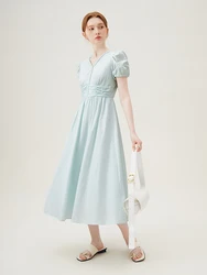 FSLE French Style Cotton Elegant Women Long Dress 2024 Summer New V-neck Versatile Casual Lady Light Blue Dress 24FS18014