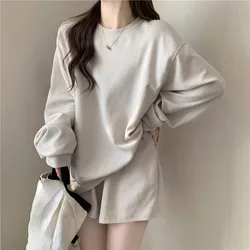 Women's Clothing Matching Short Sets Pullovers Long Sleeve Sweatshirt 2024 New Autumn Winter Korean Fashion Ladies Solid Color