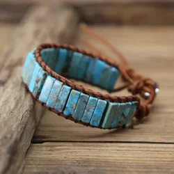 Vintage Ethnic Blue Color Pulseira Gem Natural para Homens e Mulheres, Conta Cigana Tibetana, Pulseiras de Couro Ajustáveis, Jóias da Moda