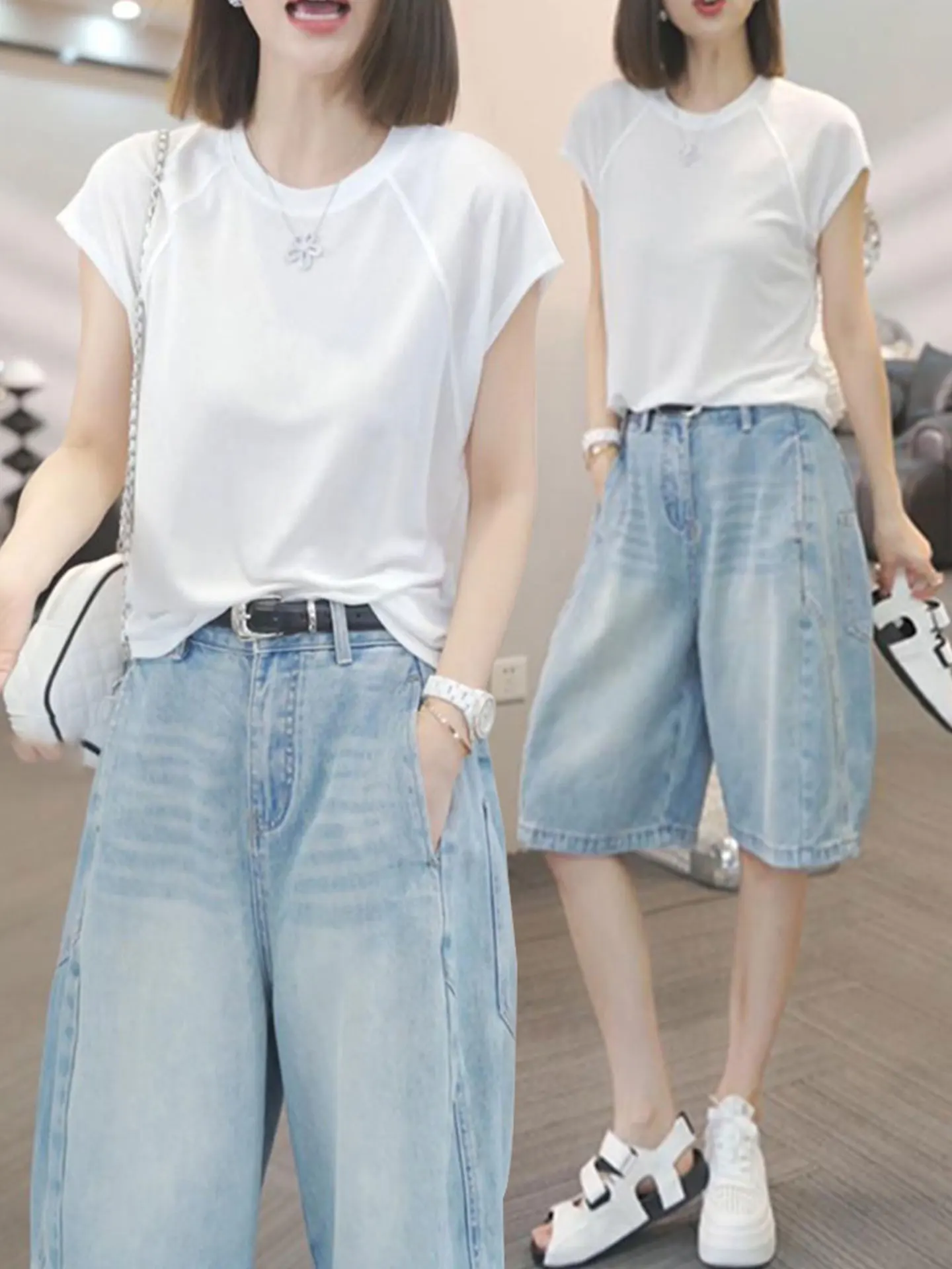 

plus Size Women's Unique round Neck Denim Jeans Summer Commute Five-Point Pants High Waist Loose Fit Casual Style Zipper Closure