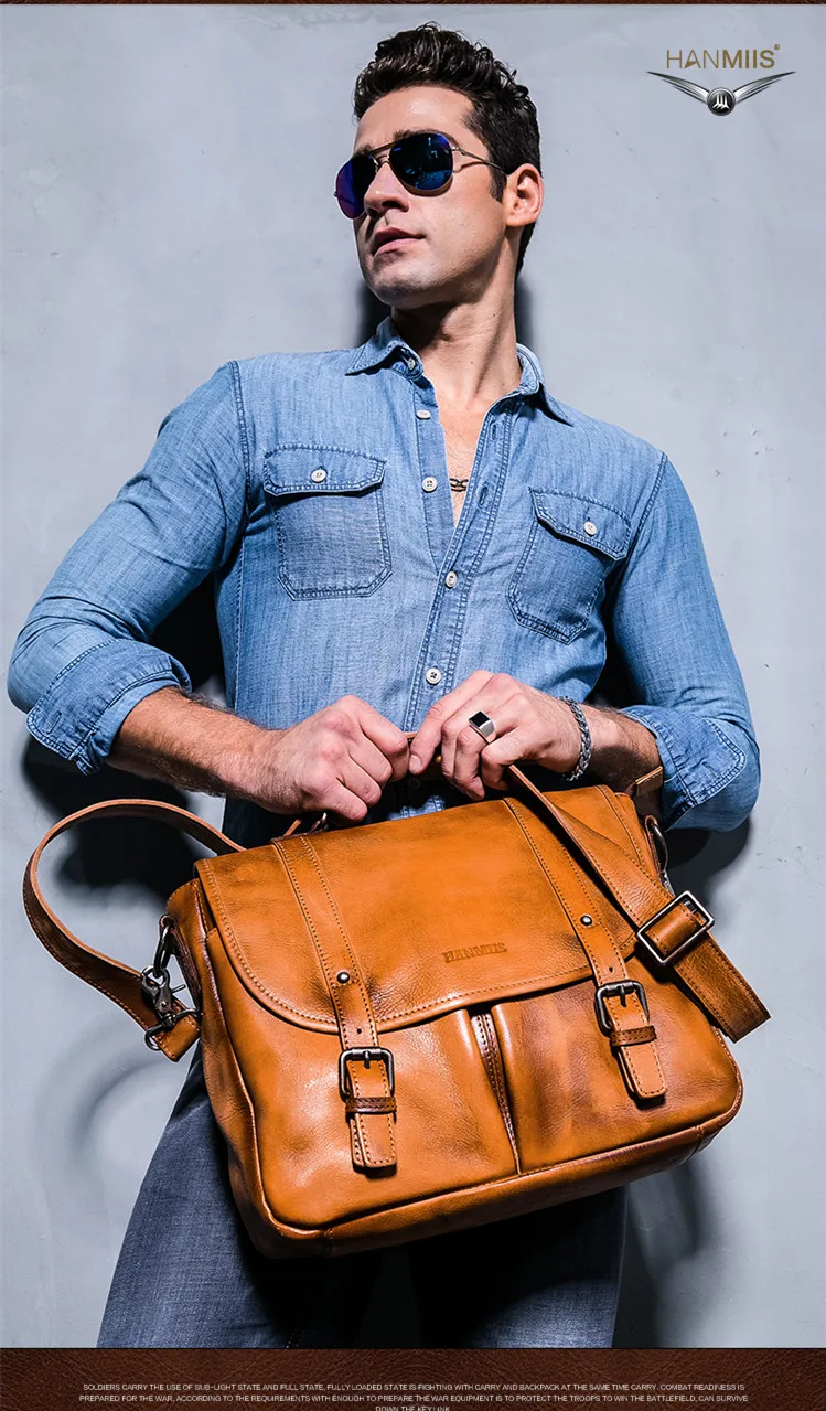 Men's Messenger Bag Men Handbag Laptop Bag Briefcase Shoulder Bag Retro Portable Bags Cowhide Leather Slung Document Business