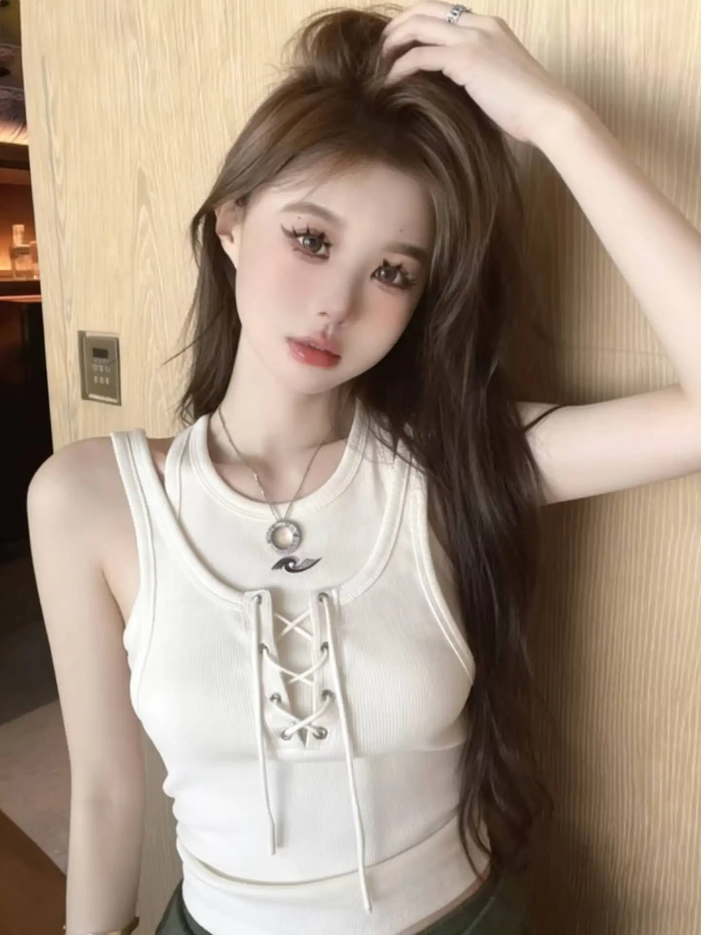 

Fake Two Piece Bandage Vest Women American Retro Slim Sleeveless Crop Top 2026 Summer New Casual Spicy Girl Y2k Tanks