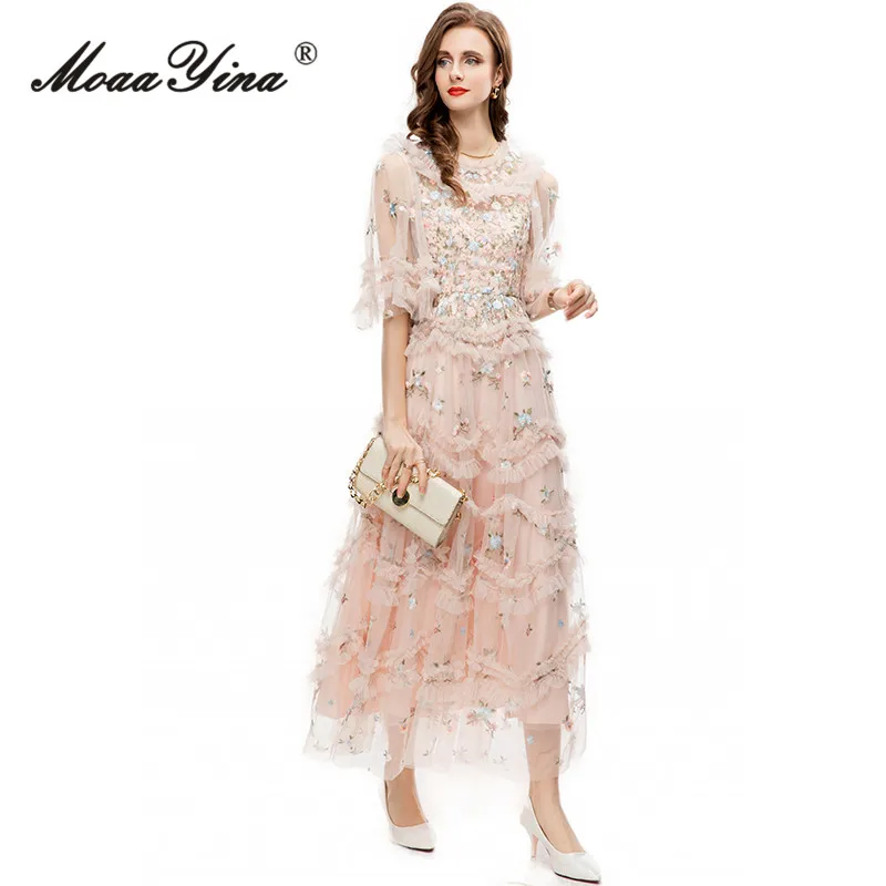 MoaaYina Summer Fashion Designer Elegant Mesh Party Dress Women O-neck Half Sleeve Ruffles Embroidery High Waist Slim Long Dress