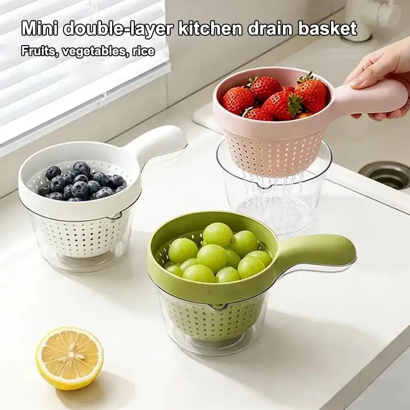 New·1Pc Kitchen Vegetable Drainer, Fruit Washer, Double-Layer Food-Grade Thickened Wall Hanging Fruit Basket