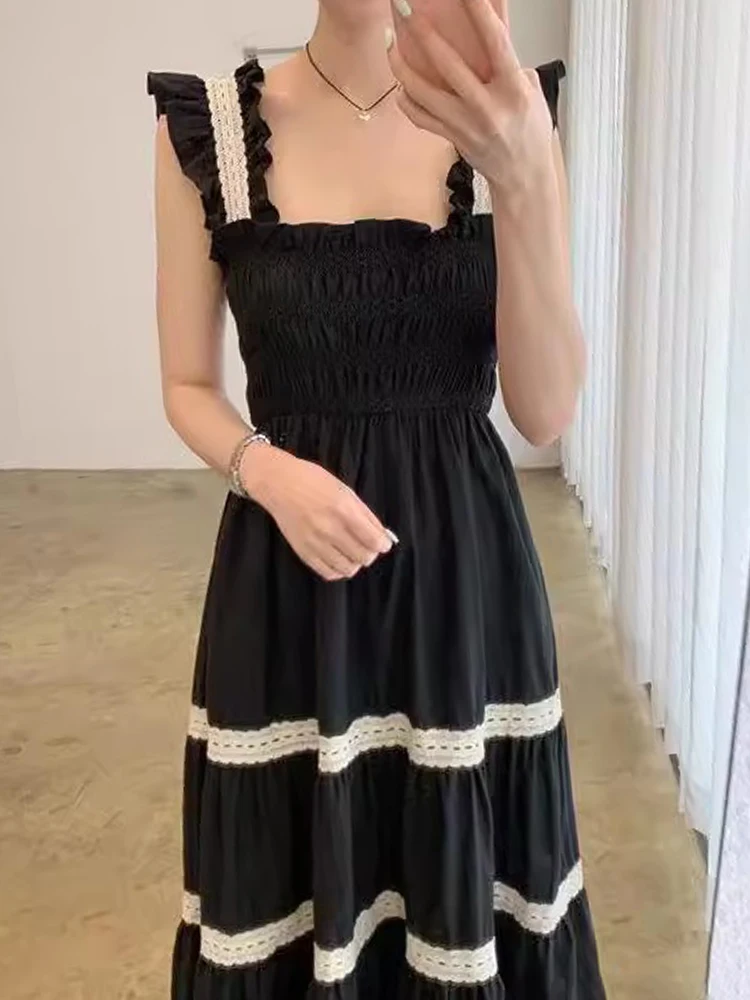 Vestido de Verano E Vintage Antienvejecimiento con Cuello Cuad, Cintura Ajustable con Cordón, Bloques de Color, Ri...