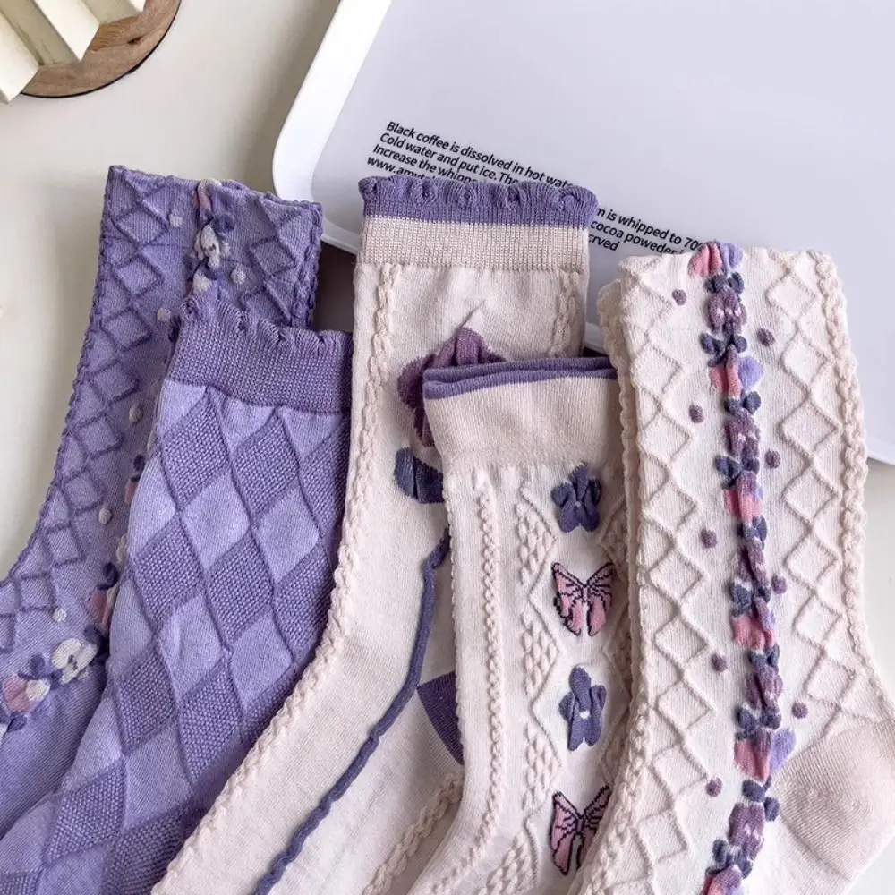 5Pairs الأرجواني سلسلة الأزهار جوارب أنبوبية Bowknot زهرة الفتيات منتصف العجل الجوارب تنفس الجوارب الحلو جورب النساء فتاة المراهقين