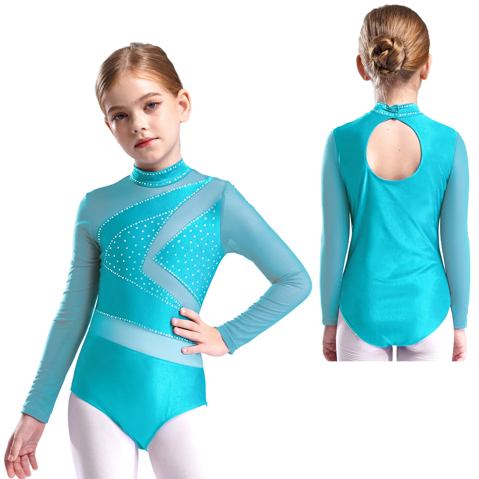 Set di danza classica per ragazze 4 pezzi Set di abbigliamento da ballo con strass a maniche lunghe per ginnastica ritmica per bambini