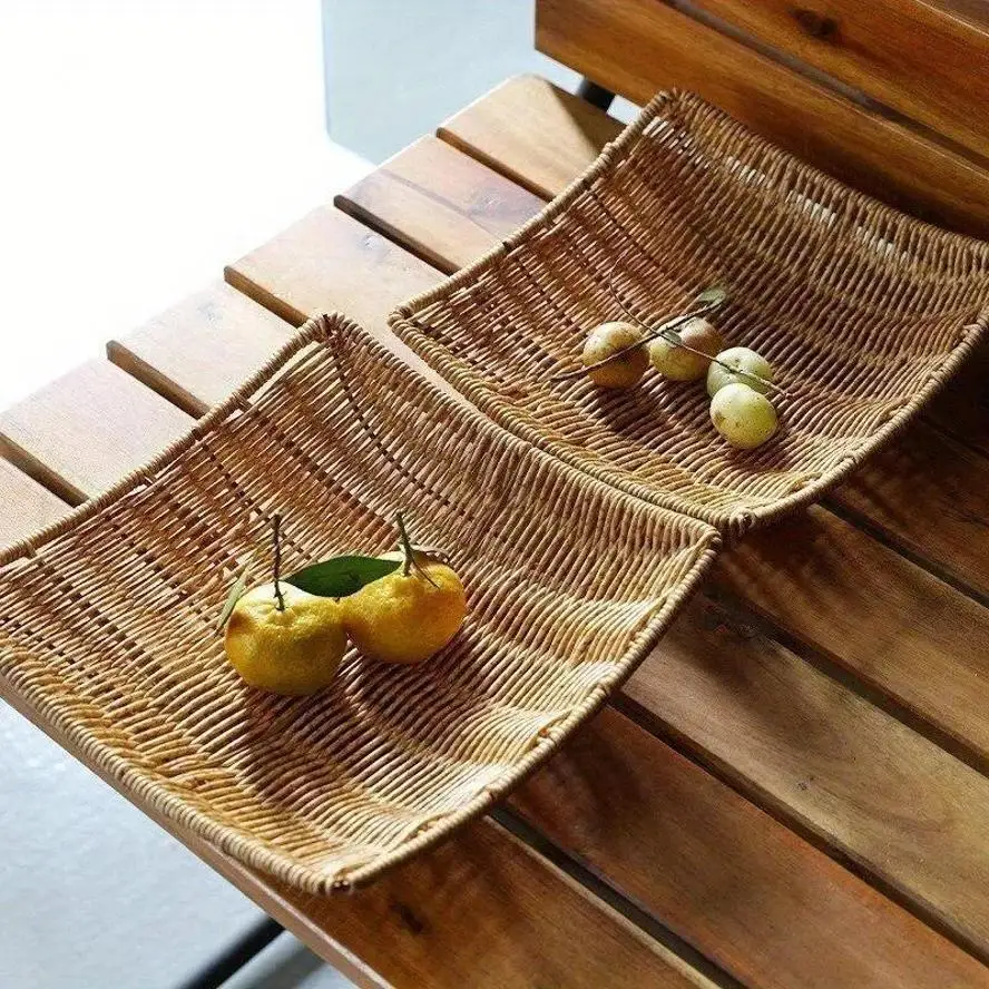 2026 Handwoven Rattan Storage Basket Wicker Tray Picnic Basket Bread Food Plate Fruit Cake Sundries Box Tray Kitchen Tool