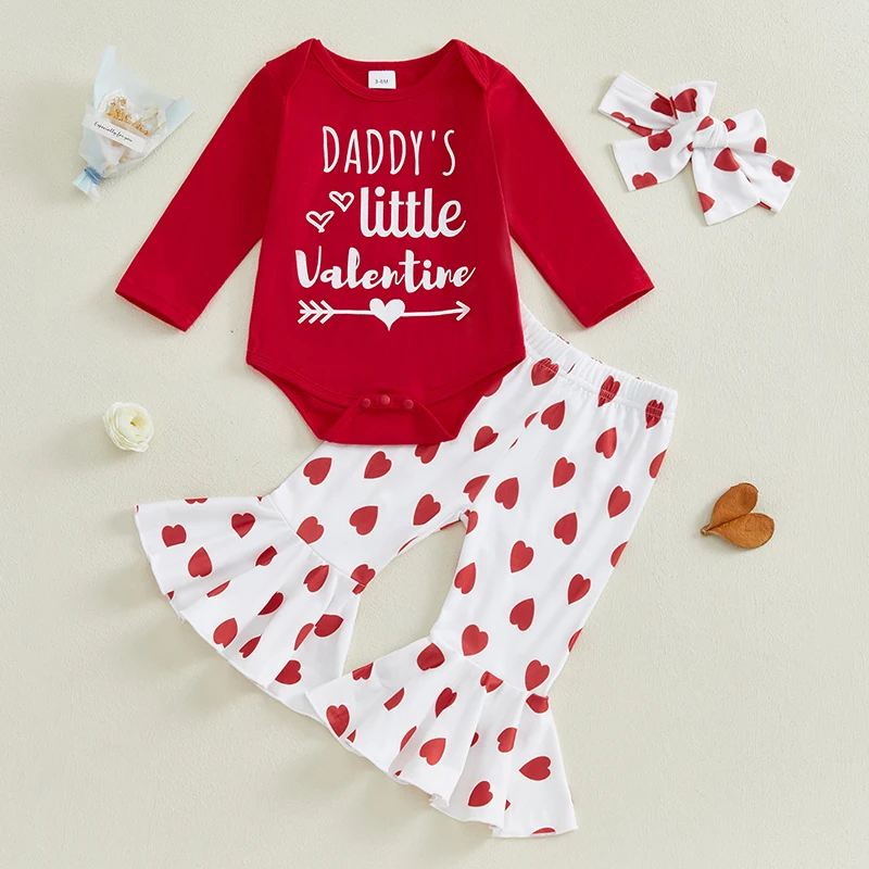 Infant Baby Girl Valentine's Day Outfits Cute Letters Long Sleeve Romper with Heart Pattern Flare Pants and Headband 3 Pcs Set