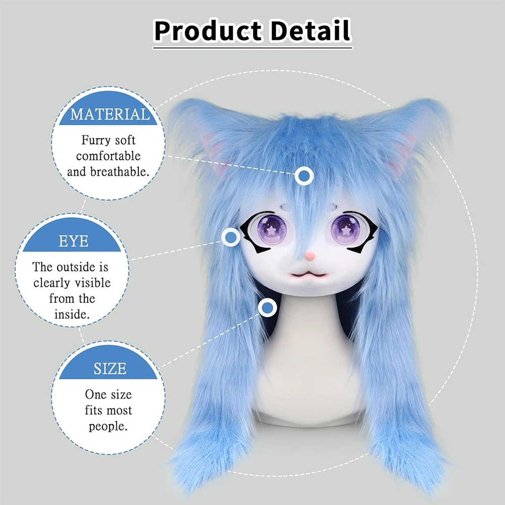 Complete Kigurumi Furry Animal Head Costume Halloween - Kawaii Lolita Style Cat Ear Plush Wearable Cosplay Mask Set