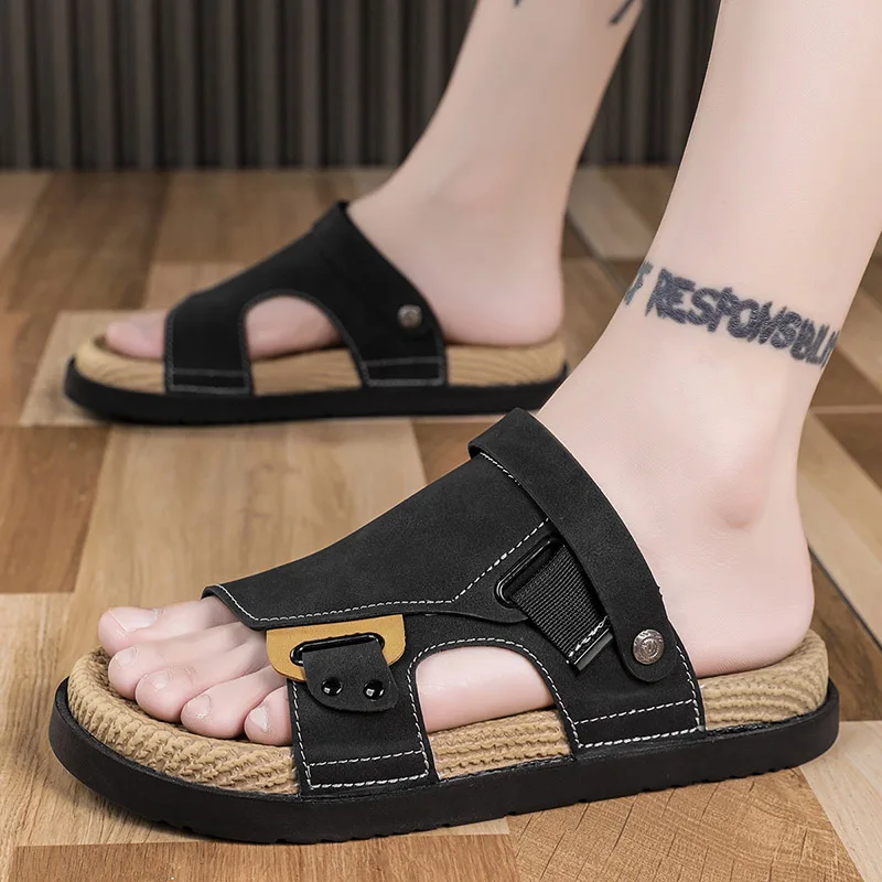 

Men Cork Slippers Summer Beach Slides Suede Leather Womens Flat Sandals Fashionable Outdoor Male Mules Non Slip Babouche Femm