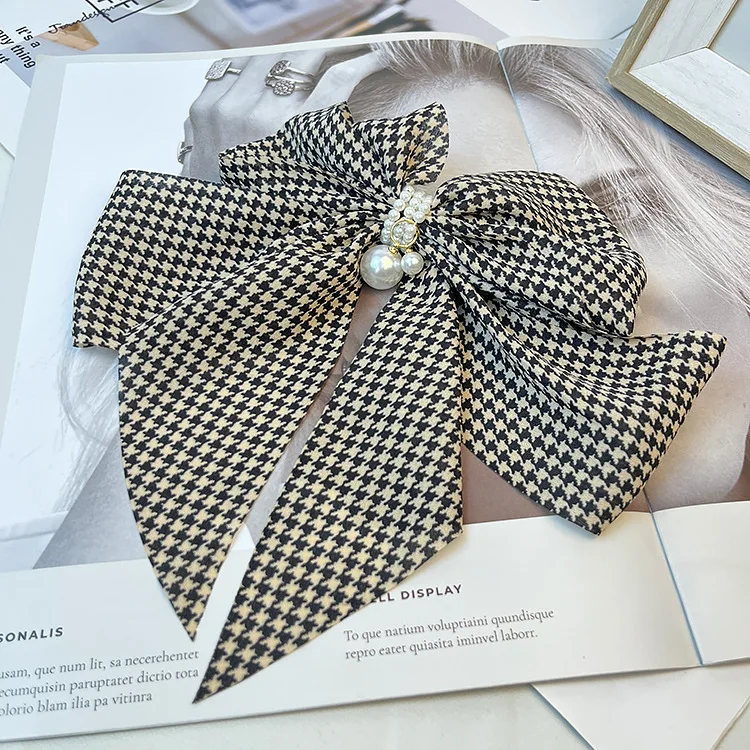 Vintage Thousand Bird Grid Large Bow Hairpin with Satin and Pearl Hairpin