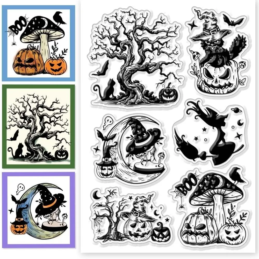 Halloween Clear Stamps Witch Cat Pumpkin Mushroom Tree Silicone Transparent Stamp Silicone Stamps Seals for DIY Making Kit