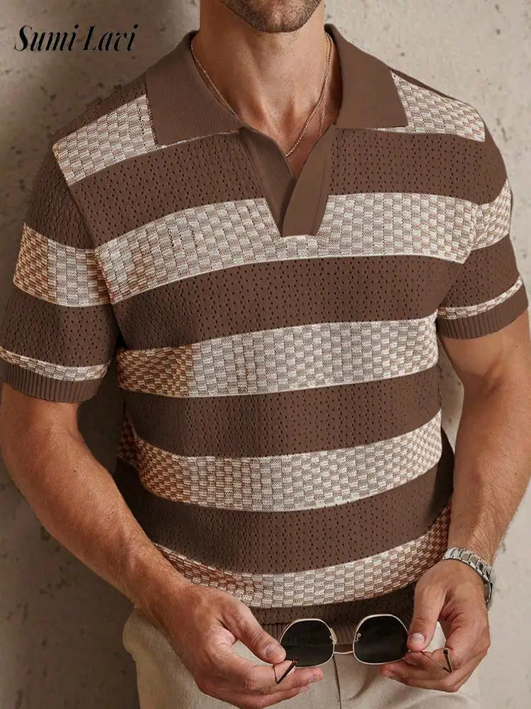 

2026 Summer Fashion Striped Knit Polo Shirt Men Short Sleeve Turn-down Collar Knitted Tops Casual Mens Slim Fit Knitting Polos