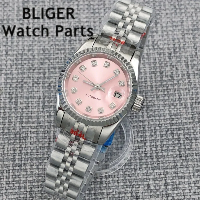 BLIGER 25.5mm NH05 Mechanical Watch For Women Pink Dial Diamond Index Sapphire Glass Steel Strap Lady's 100M Diving Wristwatch
