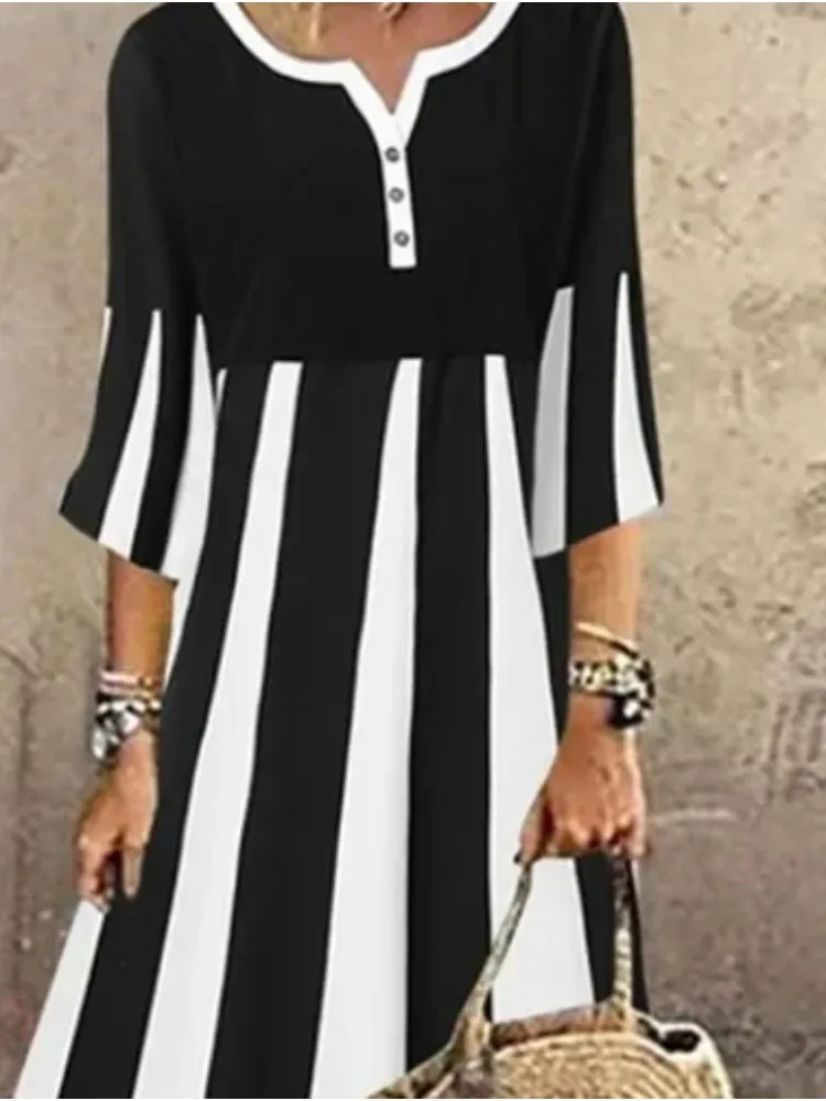 Summer Women\'s Heart-shaped Collar and Loose Button Loose Casual Long Dress  Mid Sleeve Striped Printed Long Dress