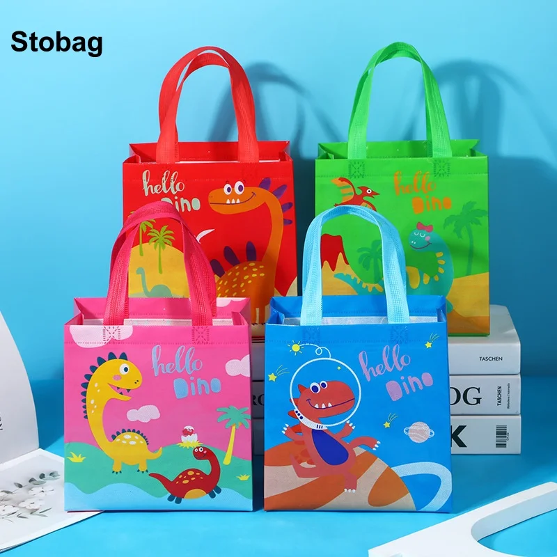 

StoBag 8/20pcs Cartoon Dinosaur Non-woven Gift Tote Bags Kids Handbag Fabric Packaging Waterproof Storage Reusable Pouch Party